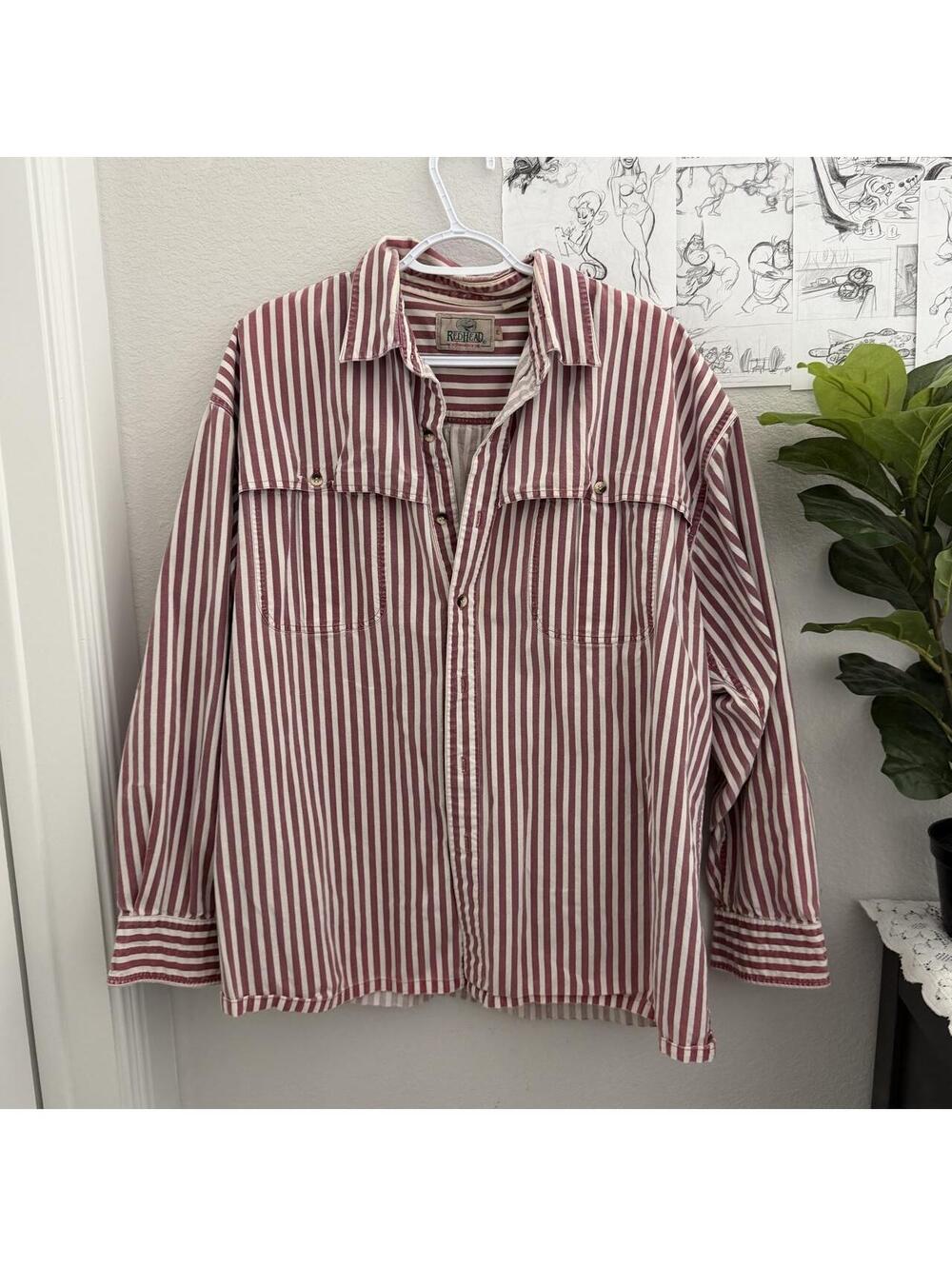 Redhead red and white striped 100% cotton button-up long sleeve collared shirt